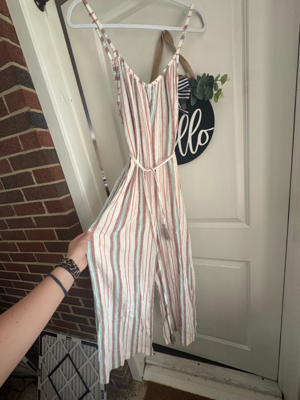 Roxy Linen Striped Cotton Jumpsuit in White, Rust & Teal
